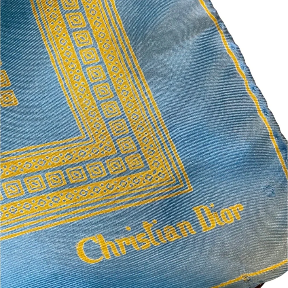 Christian Dior Vintage 100% Silk Scarf Blue Yellow